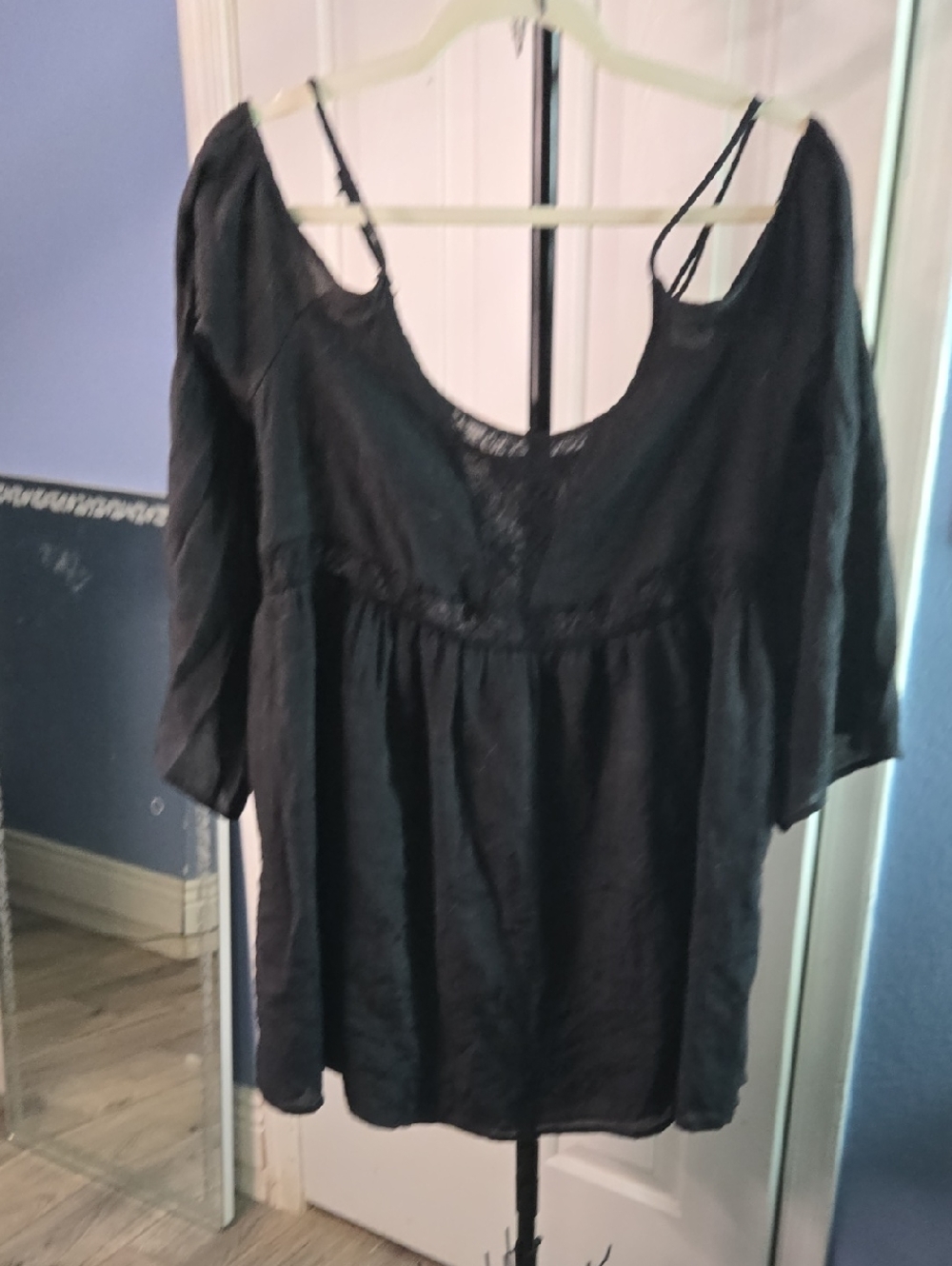 Black Women's Boho Blouse with Lace Trim